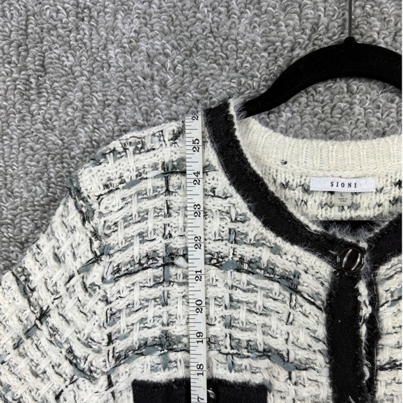 SIONI - Tweed Cardigan Sweater Black White Knit Button Up Jacket - Womens Large - Picture 4 of 7